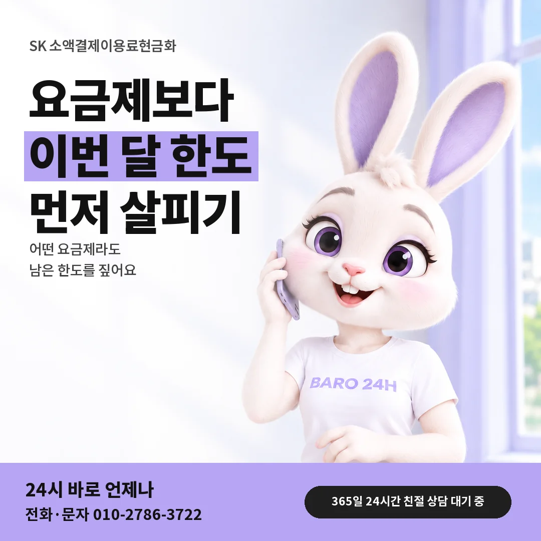 BARO 24H 티셔츠를 입은 3D 토끼 캐릭터 옆에 「SK 소액결제이용료현금화 한도 안내」 제목을 얹은 안내 카드