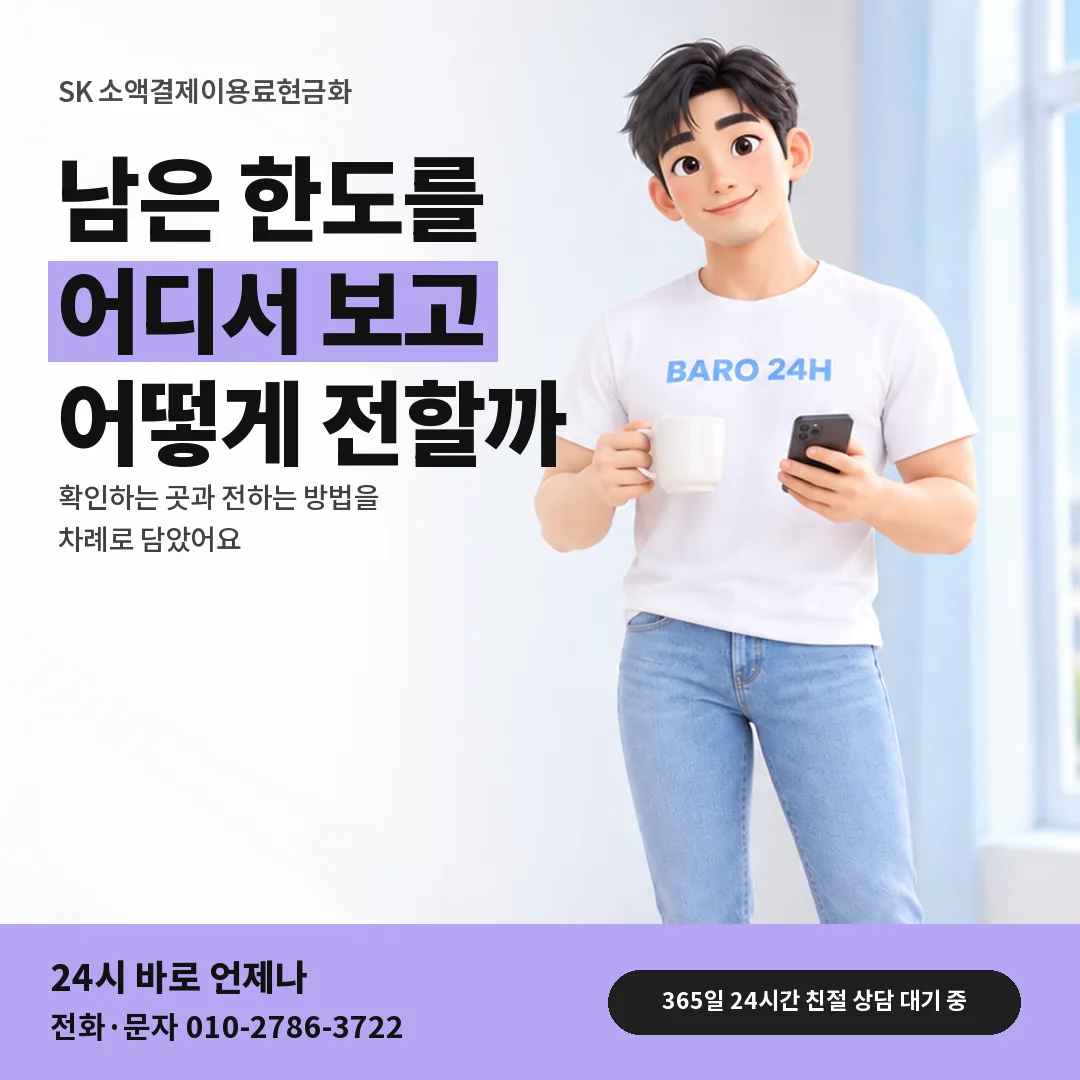 휴대폰을 보며 웃는 BARO 24H 티셔츠를 입은 3D 인물 옆에 「SK 남은 한도 확인하기」 제목을 얹은 안내 카드